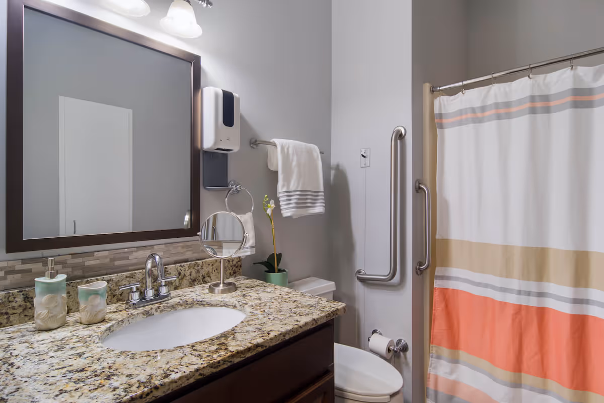 A bathroom with a granite countertop sink, a large mirror with dark frame, a soap dispenser, a small decorative plant, a towel hanging on a rack, a toilet with a toilet paper holder, and a shower with a curtain featuring horizontal stripes in white, beige, gray, and coral colors. There are also grab bars installed near the toilet and shower for accessibility.