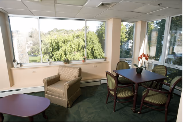 A bright room with large windows showing green trees outside. Inside, there is a beige armchair, a small purple table, and a wooden dining table with four green cushioned chairs. A small plant with orange flowers is on the dining table.