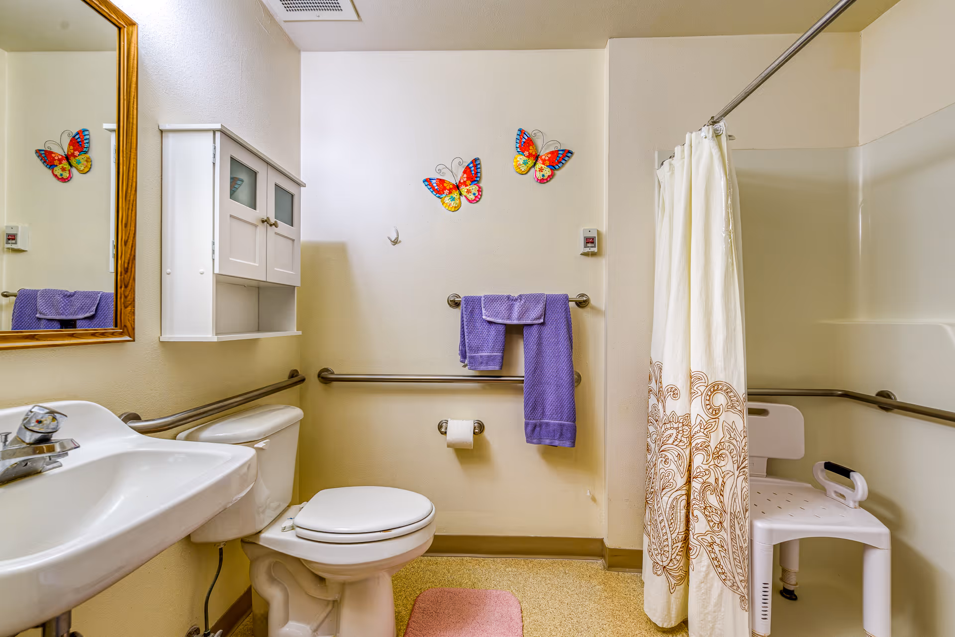 Accessible bathroom with a sink, toilet, shower with curtain and grab bars, a shower chair, purple towels, and butterfly wall decorations.