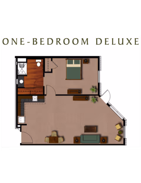 Top-down colored floor plan labeled "One-Bedroom Deluxe" showing a bedroom, bathroom, kitchen, and open living/dining area.