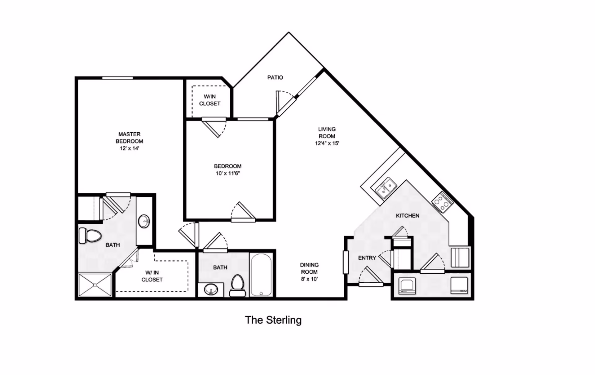 Floor plan of an apartment named The Sterling at Parkview in Allen, showing a master bedroom with walk-in closet and attached bath, a second bedroom with walk-in closet, a second bath, a living room, dining room, kitchen, entry, and a patio.