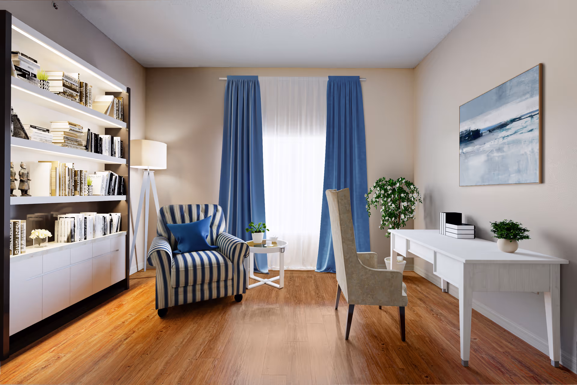 A cozy interior room with a striped armchair and a blue cushion next to a small round table with a plant. A tall white floor lamp stands beside the armchair. On the left side, there is a large bookshelf filled with books and decorative items. In front of the window with blue curtains, there is a white desk with a beige chair, some books, and a small plant. A painting with abstract blue and white colors hangs on the wall above the desk. The floor is wooden.