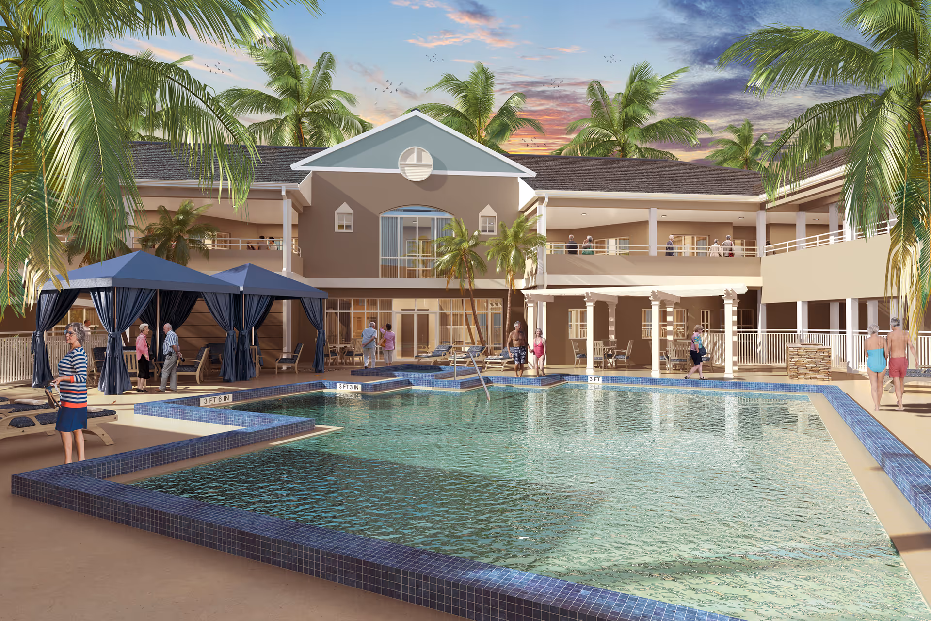 Outdoor pool area at a senior living facility with several people walking and relaxing around the pool. The pool is surrounded by palm trees, lounge chairs, and cabanas with blue curtains. The building in the background has two stories with balconies and large windows, under a colorful sunset sky.