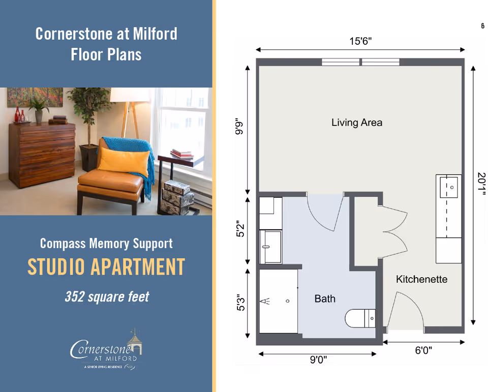 Promotional graphic showing a photo and the floor plan layout for a 352-square-foot studio apartment at Cornerstone at Milford with labeled living area, bath, and kitchenette.