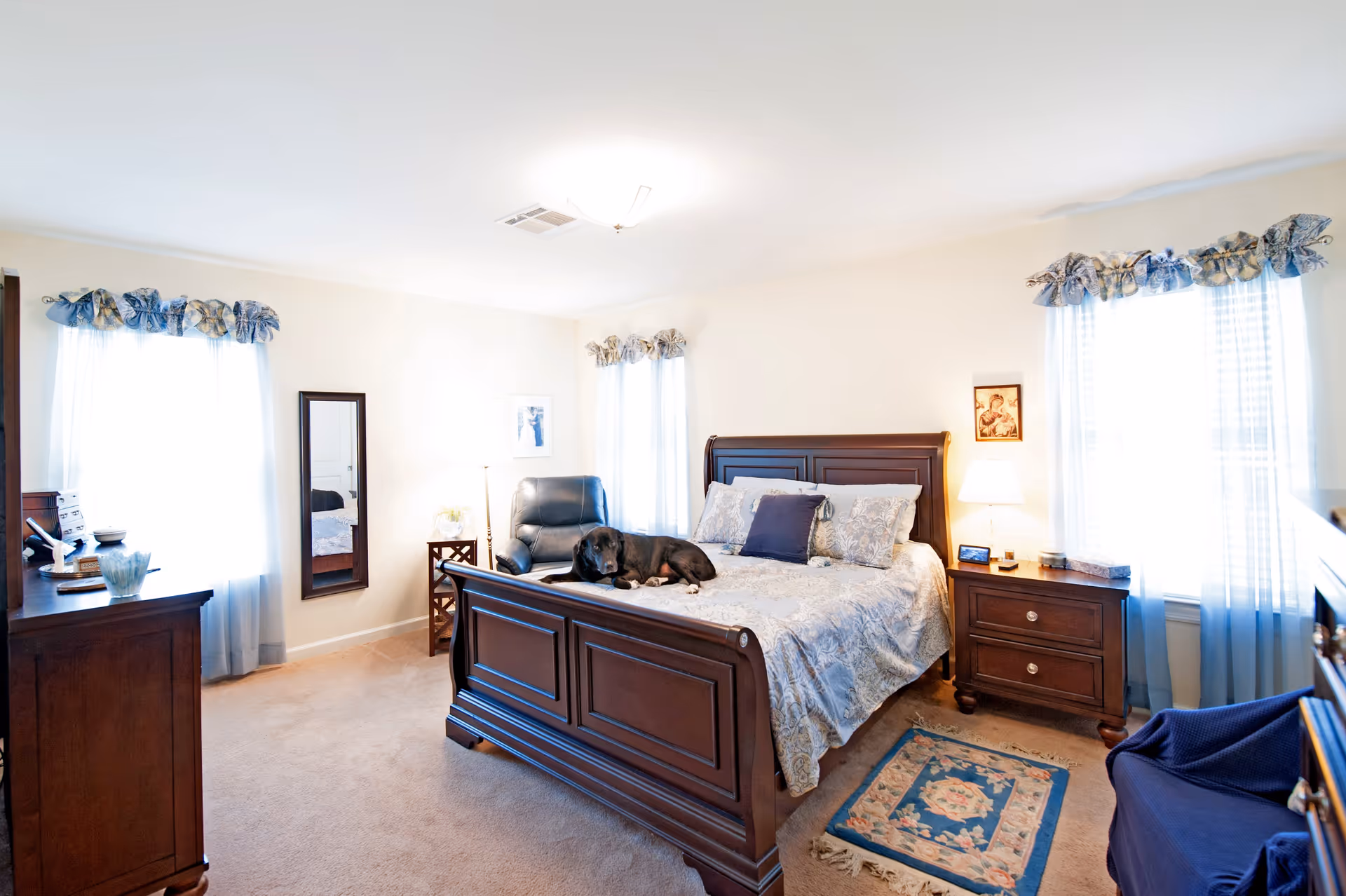 A bright bedroom with a large wooden bed featuring patterned bedding and pillows. A black dog is lying on the bed. The room has beige carpet, three windows with sheer curtains and blue valances, a wooden dresser with decorative items, a full-length mirror on the wall, a leather armchair, a small wooden side table with a lamp, and a blue armchair. A small rug with floral patterns is on the floor near the bed.