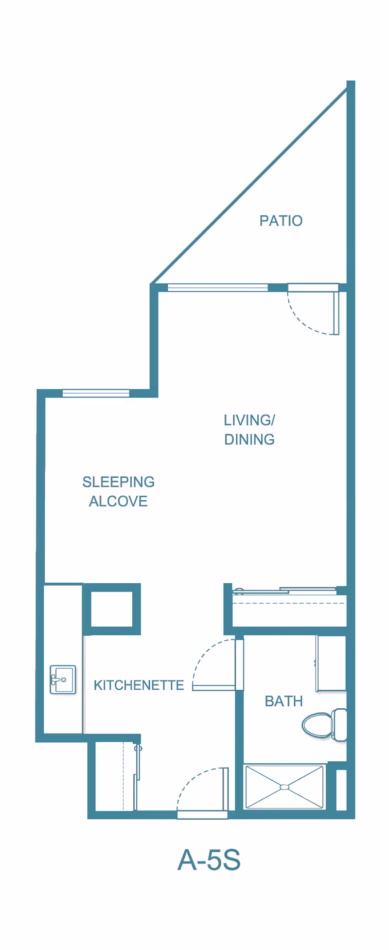 Floor plan layout labeled A-5S showing a patio, living/dining area, sleeping alcove, kitchenette, and bath.