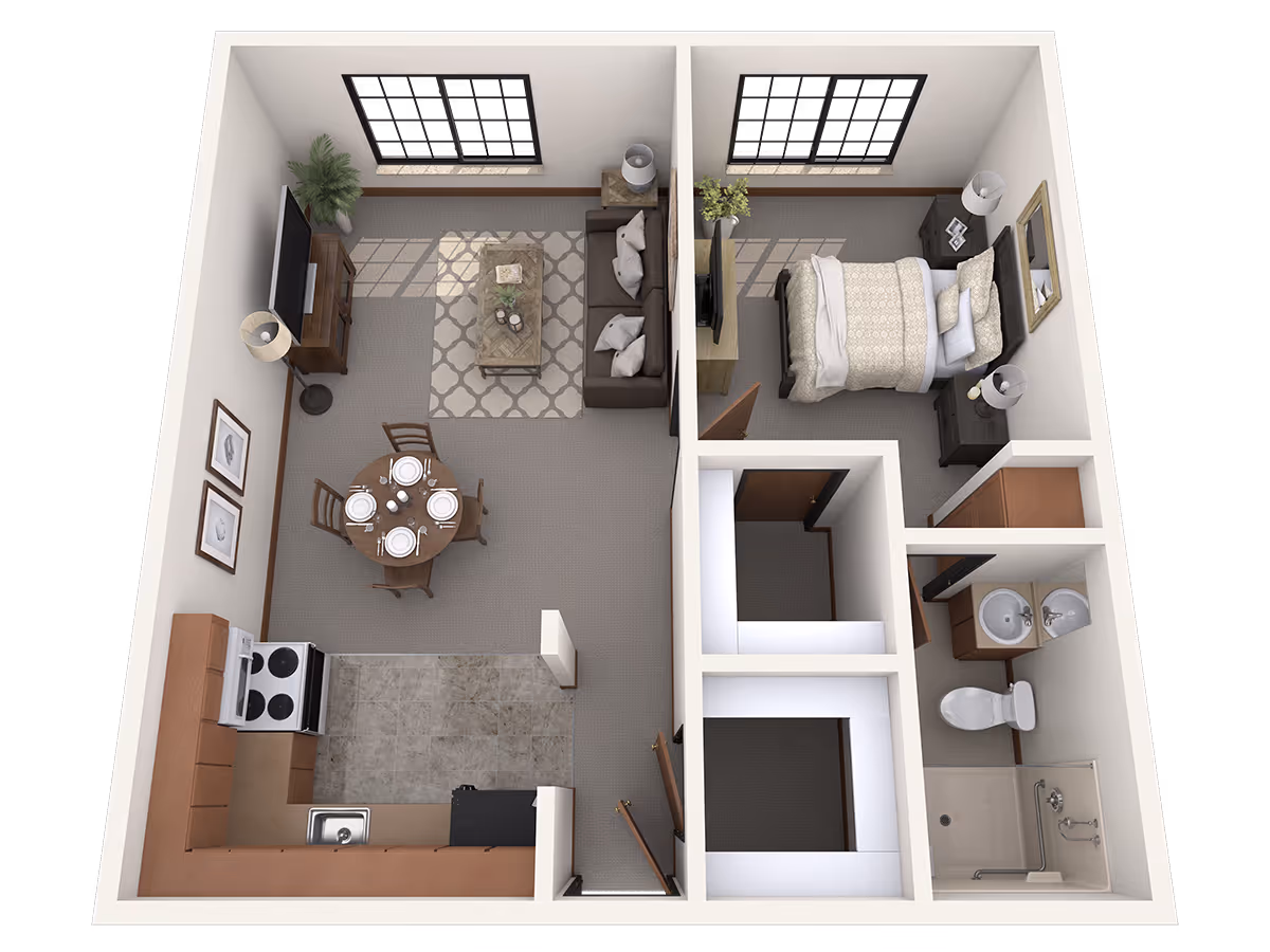 3D floor plan of a one-bedroom apartment in Delta Retirement Center showing a living room with a sofa, coffee table, TV, and dining table with four place settings. The kitchen has a stove, sink, and refrigerator. The bedroom contains a bed, two nightstands with lamps, and a TV. The bathroom includes a shower, toilet, and sink with a mirror.