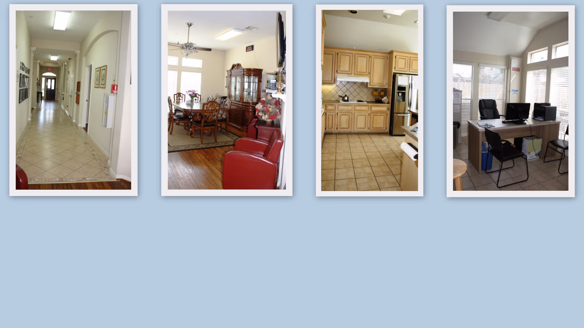 Four images showing different interior areas of Autumn Springs Home Care Communities Atascocita. The first image is a long hallway with tiled flooring and framed pictures on the walls. The second image shows a dining room with a wooden dining table, chairs, a china cabinet, and two red armchairs. The third image is a kitchen with wooden cabinets, a tiled floor, a refrigerator, and a stove. The fourth image shows an office area with a desk, computer, chairs, and windows with blinds.