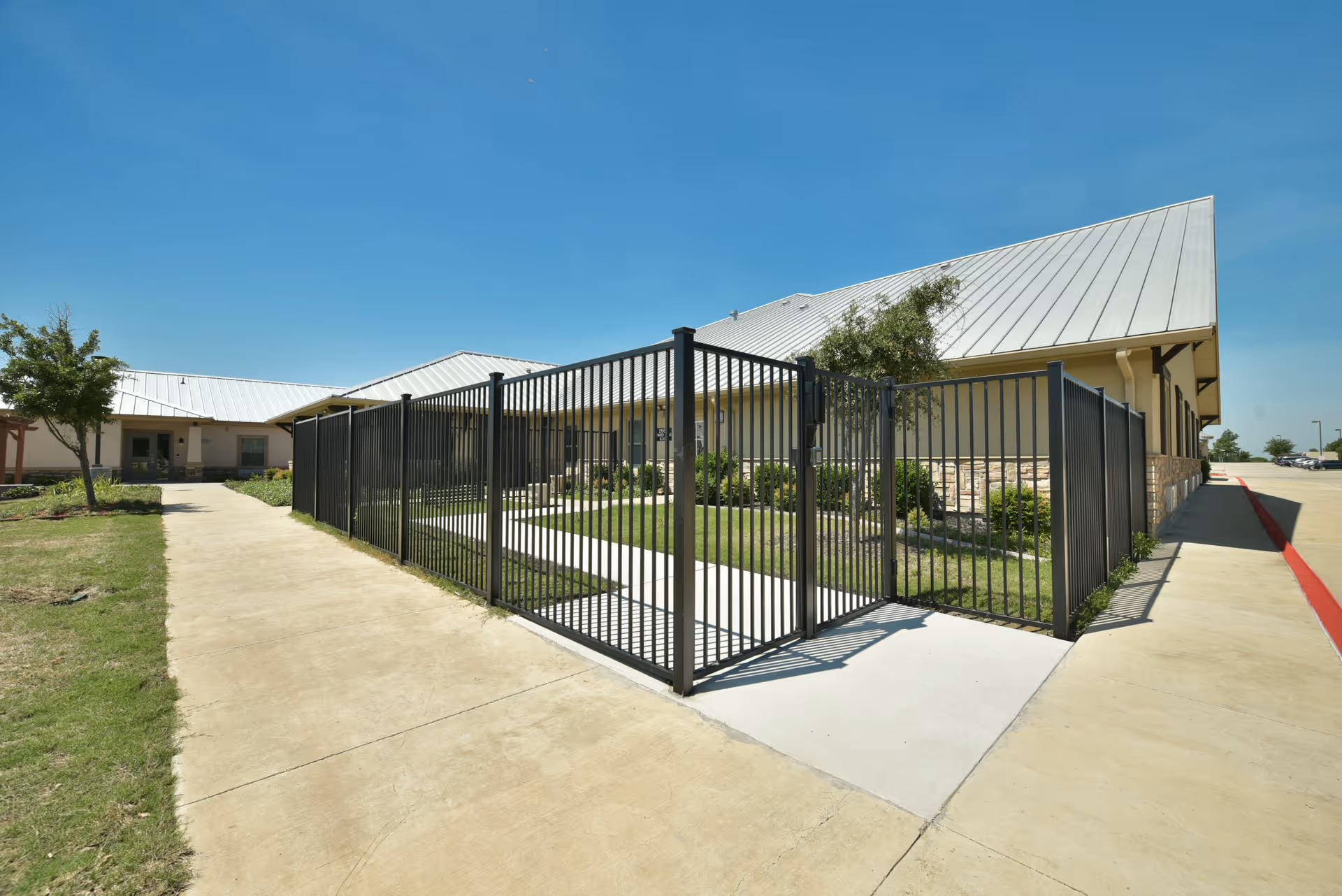 Exterior view of BeeHive Homes of Frisco showing a fenced-in courtyard area with a black metal fence and gate, surrounded by a concrete walkway and grassy patches, under a clear blue sky.