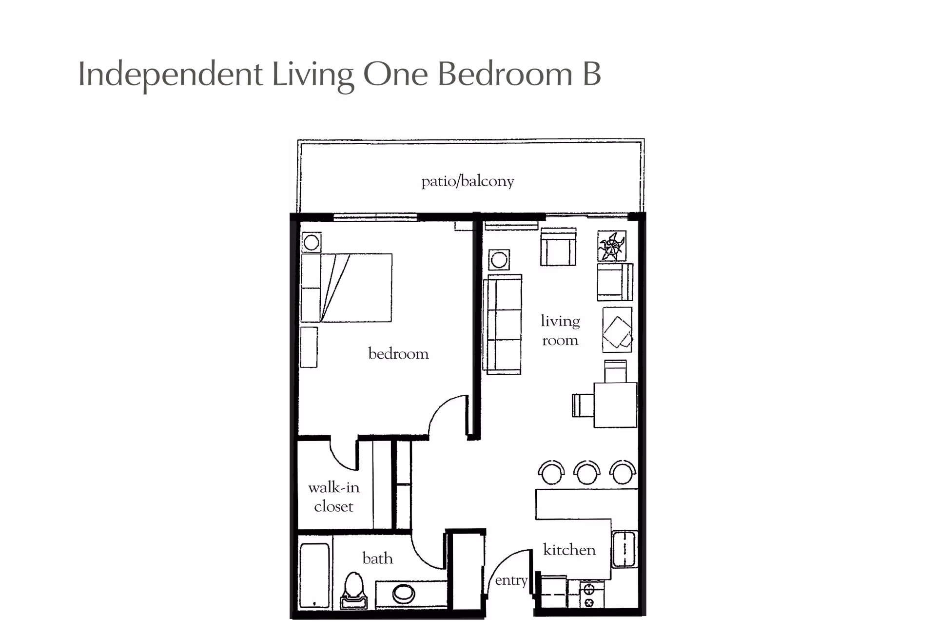 Floor plan of an independent living one bedroom apartment labeled 'One Bedroom B' showing a bedroom with a walk-in closet, a bathroom, a kitchen with a counter and three stools, a living room with seating and a table, and a patio/balcony area.