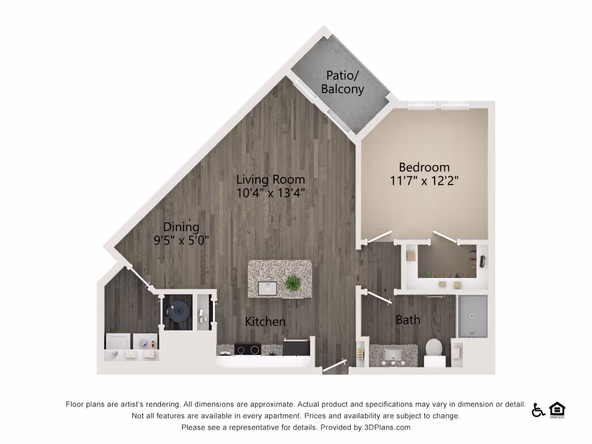 Rendered floor plan of a one-bedroom apartment showing a living room, kitchen with island, dining area, bedroom, bathroom, and patio/balcony.