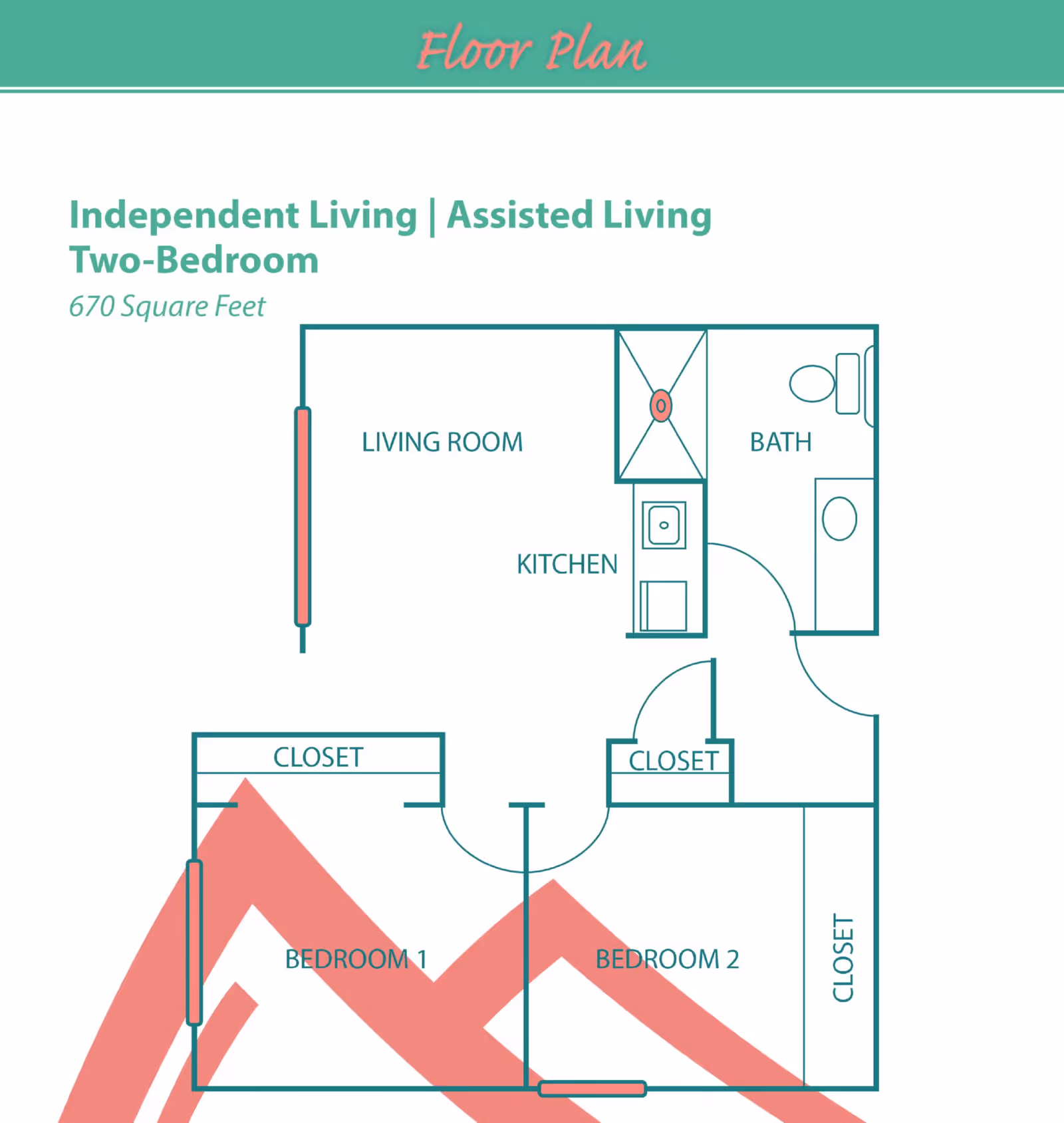 Floor plan diagram for a 670-square-foot independent/assisted living two-bedroom unit showing a living room, kitchen, bathroom, two bedrooms and multiple closets.