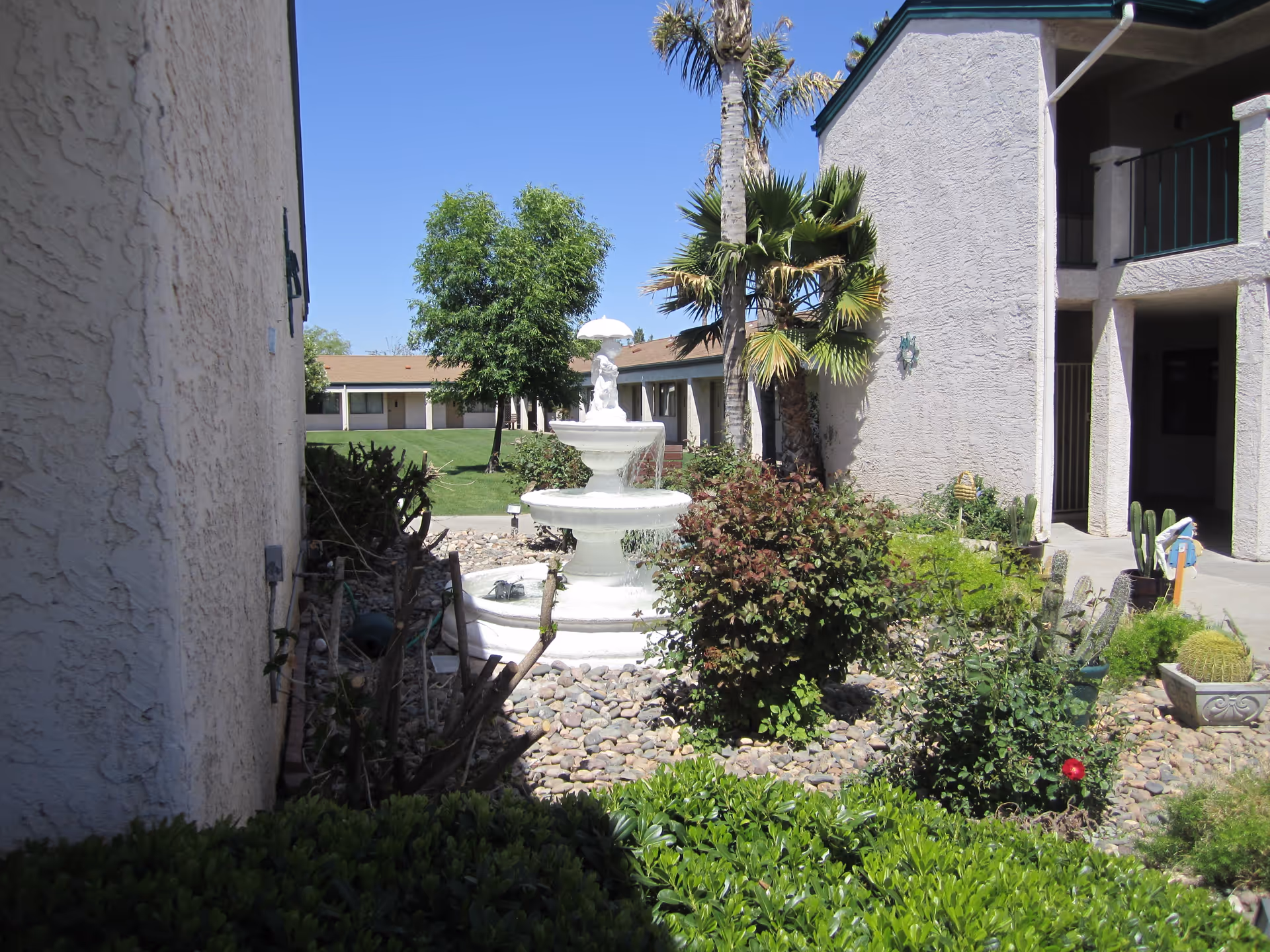 Outdoor courtyard area of a senior living facility with a white tiered fountain surrounded by rocks, bushes, and palm trees. Beige stucco buildings with green trim and a clear blue sky are visible in the background.