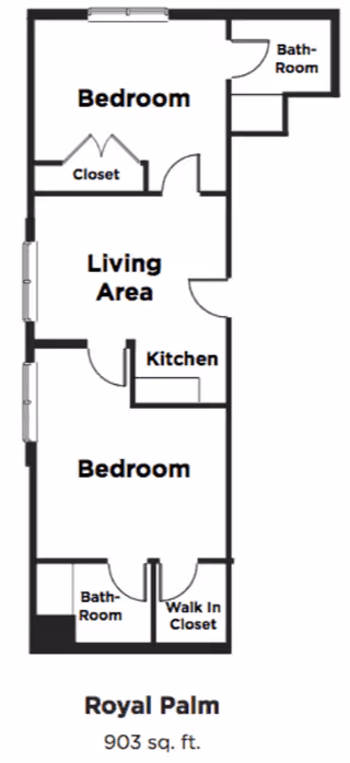 Floor plan of a residential unit named Royal Palm with 903 square feet, featuring two bedrooms, two bathrooms, a living area, a kitchen, a closet, and a walk-in closet.