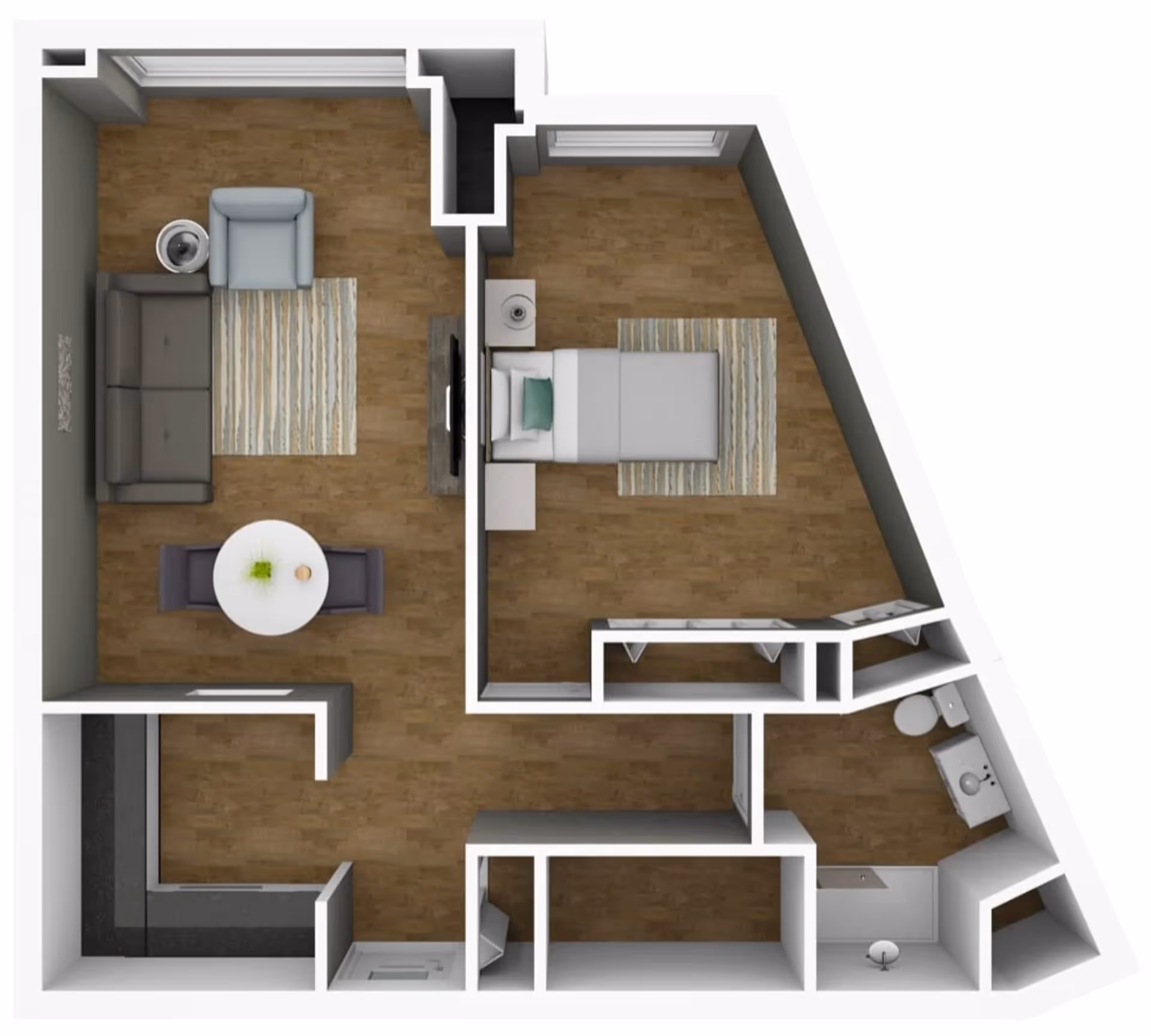 3D floor plan of an apartment unit featuring a living room with a sofa, armchair, round dining table with two chairs, a bedroom with a single bed and nightstand, a bathroom with a toilet, sink, and shower, and a small entryway area.