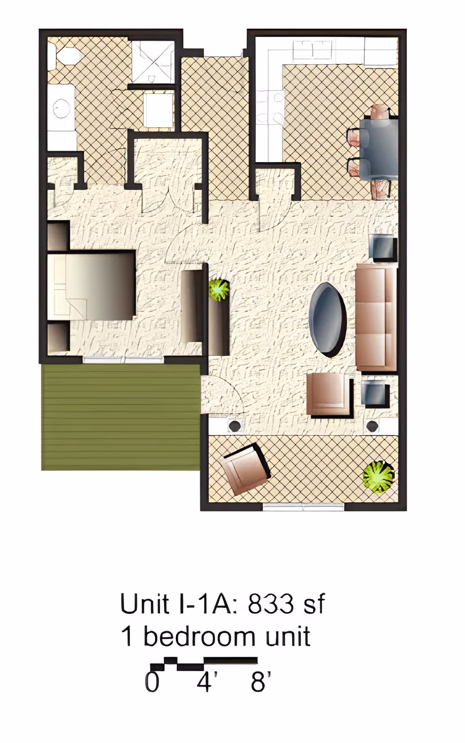 Floor plan of Unit 1-1A, an 833 square feet one-bedroom unit at Keystone Place at Forevergreen, showing a bedroom, bathroom, kitchen with dining area, living room, and a small outdoor patio.