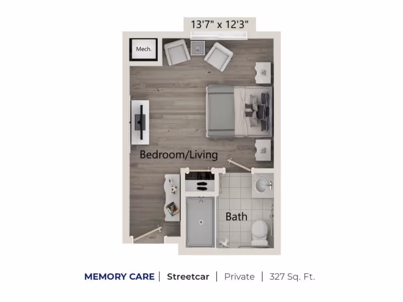 Floor plan of a private memory care unit named Streetcar at Harper’s Station Gainesville, showing a combined bedroom and living area with a bed, two chairs, a TV, and a small table, along with a separate bathroom containing a bathtub, toilet, and sink. The total area is 327 square feet.