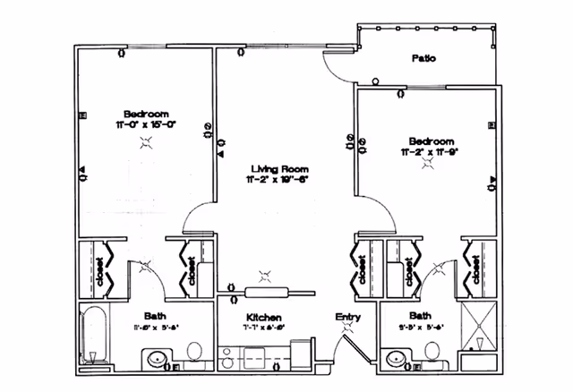 Architectural floor plan of an apartment at Northwood Manor showing two bedrooms, two bathrooms, a kitchen, a living room, an entryway, and a patio. Each bedroom has closets, and the bathrooms include standard fixtures. Dimensions for each room are labeled.