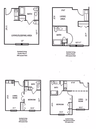 Black-and-white sheet displaying four assisted-living apartment floor plans with room labels and dimensions.