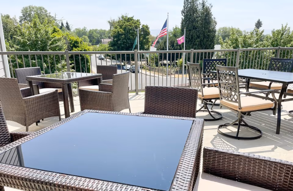 Outdoor patio area with multiple tables and chairs, including wicker and metal designs with cushions, overlooking a street with trees and three flagpoles displaying the American flag and other flags.