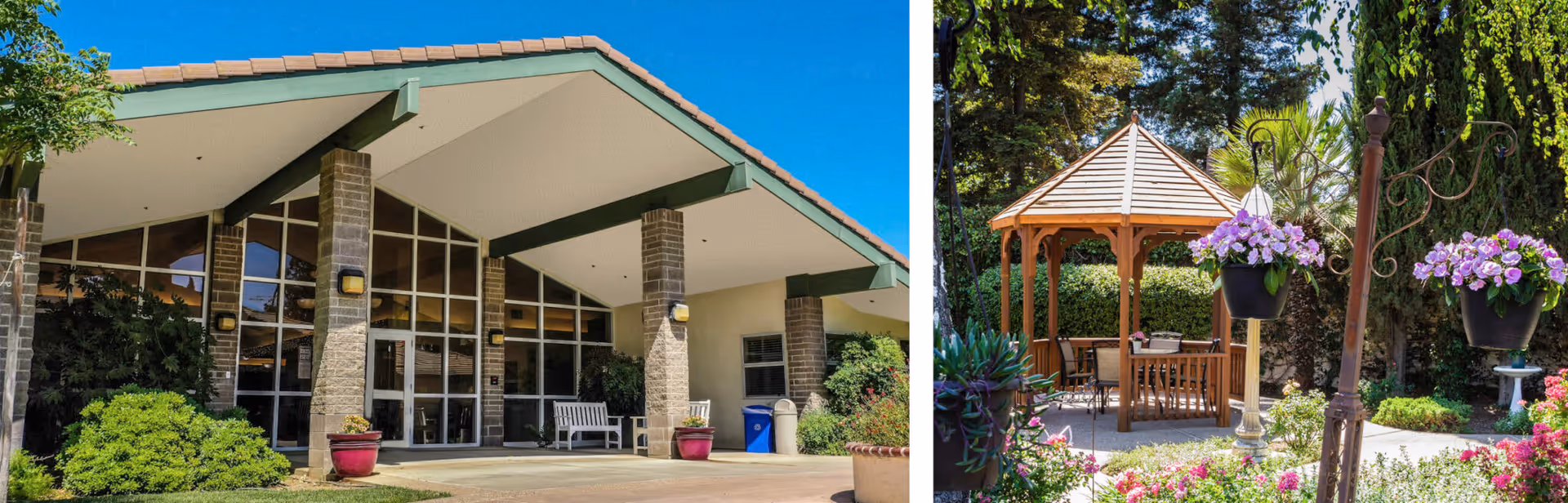 Exterior view of St John's Retirement Village showing the entrance with a covered porch supported by brick columns on the left, and a garden area with a wooden gazebo surrounded by flowering plants and hanging flower pots on the right under a clear blue sky.
