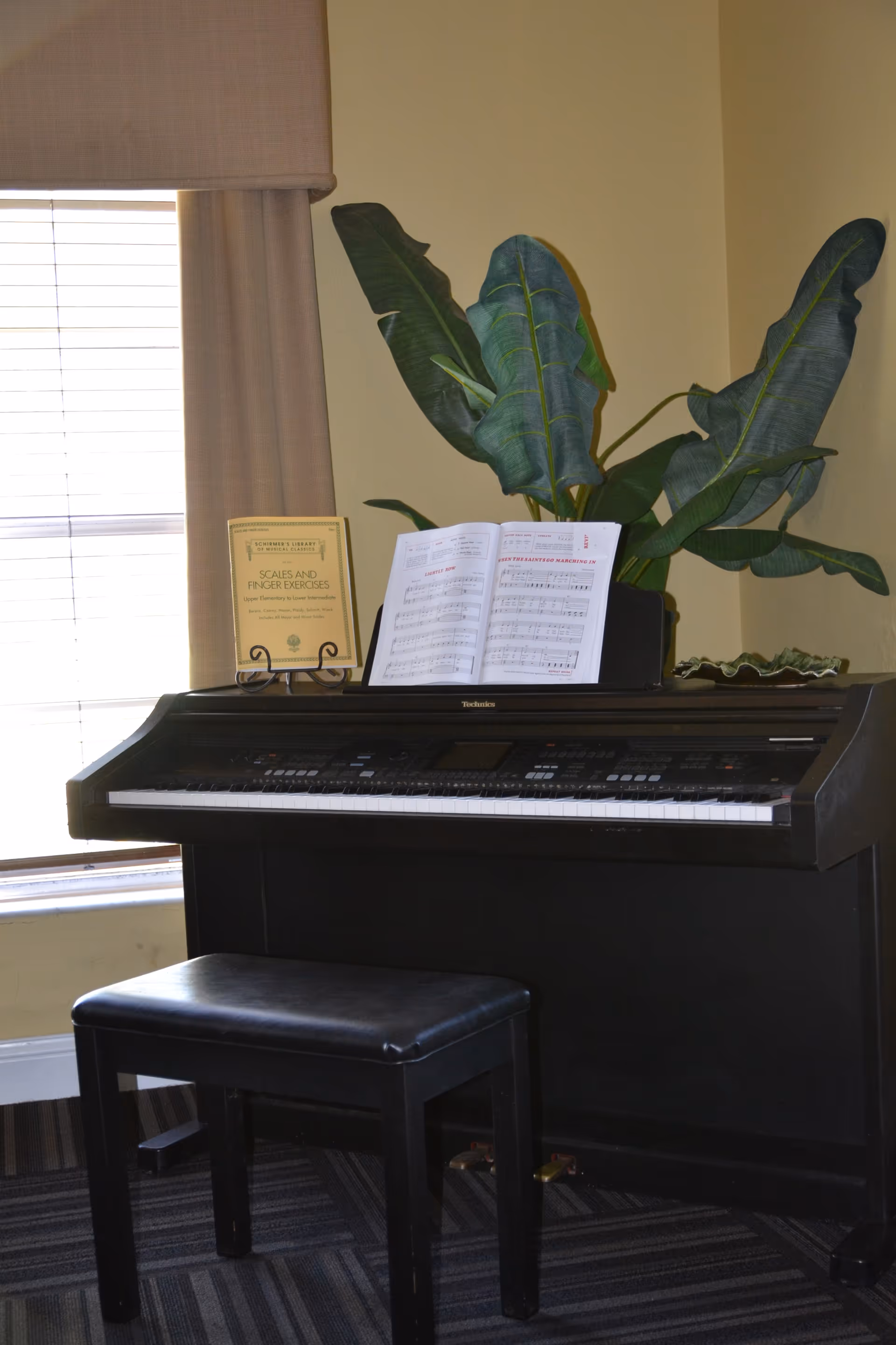 A black electronic piano with sheet music and a book titled 'Scales and Finger Exercises' on the music stand, a black padded bench in front, a large green leafy plant behind the piano, and a window with beige curtains to the left.