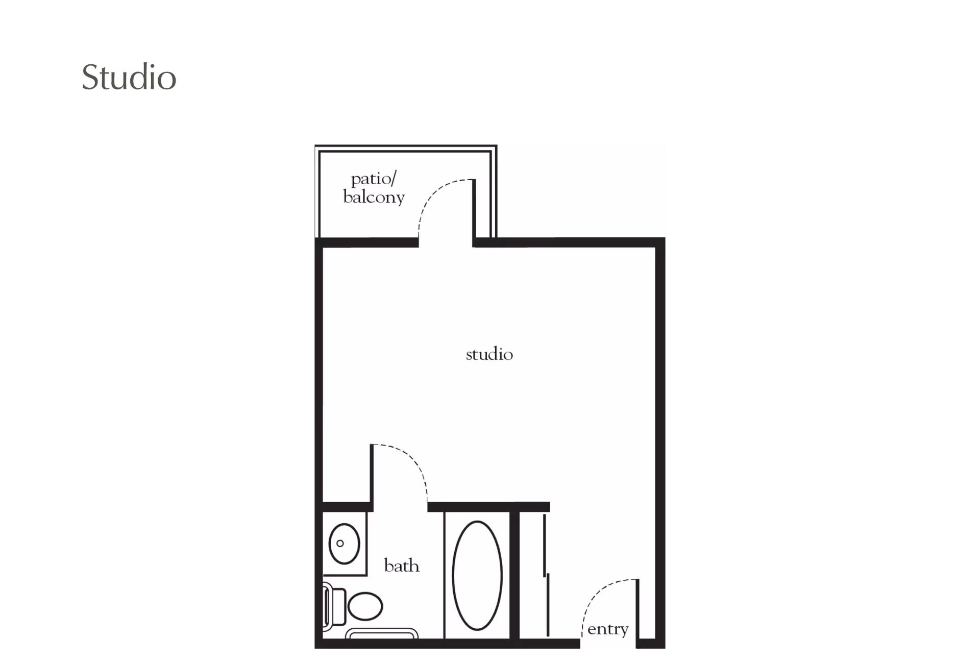 Floor plan of a studio apartment featuring a main studio living area, a bathroom with a sink, toilet, and bathtub, an entryway, and a patio or balcony accessible from the studio area.