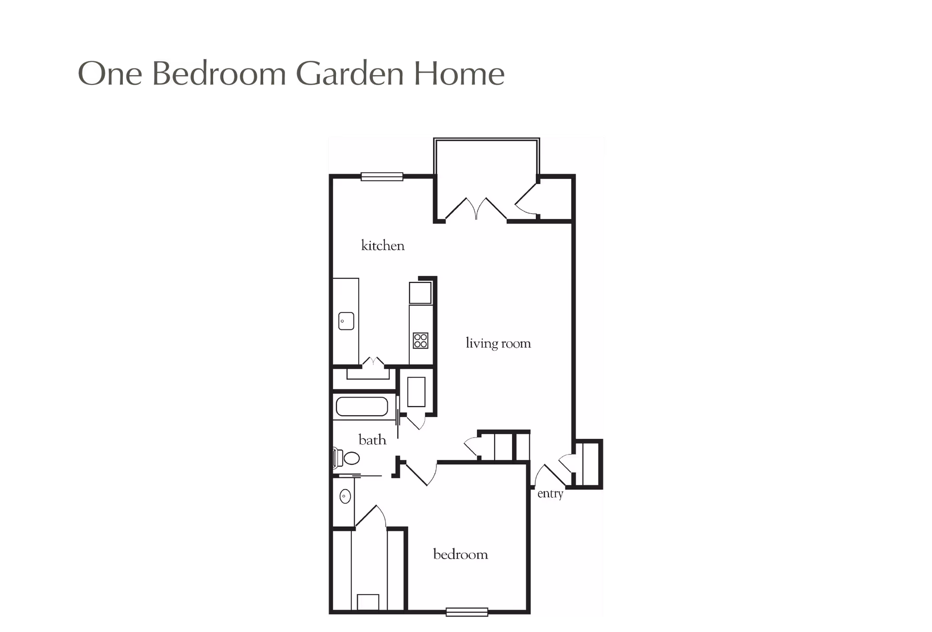 Floor plan layout of a one bedroom garden home showing a kitchen, living room, bedroom, bathroom, and entry area.