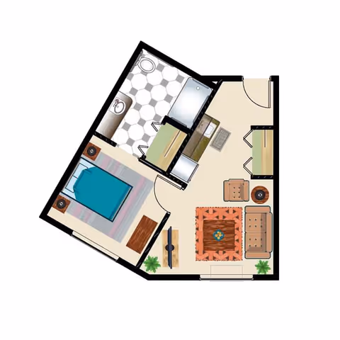 Floor plan of a senior living unit at Bonaventure of Albany showing a bedroom with a bed and nightstands, a bathroom with a toilet, sink, and shower, a living room area with a sofa, armchair, coffee table, and TV, and an entryway with closets.