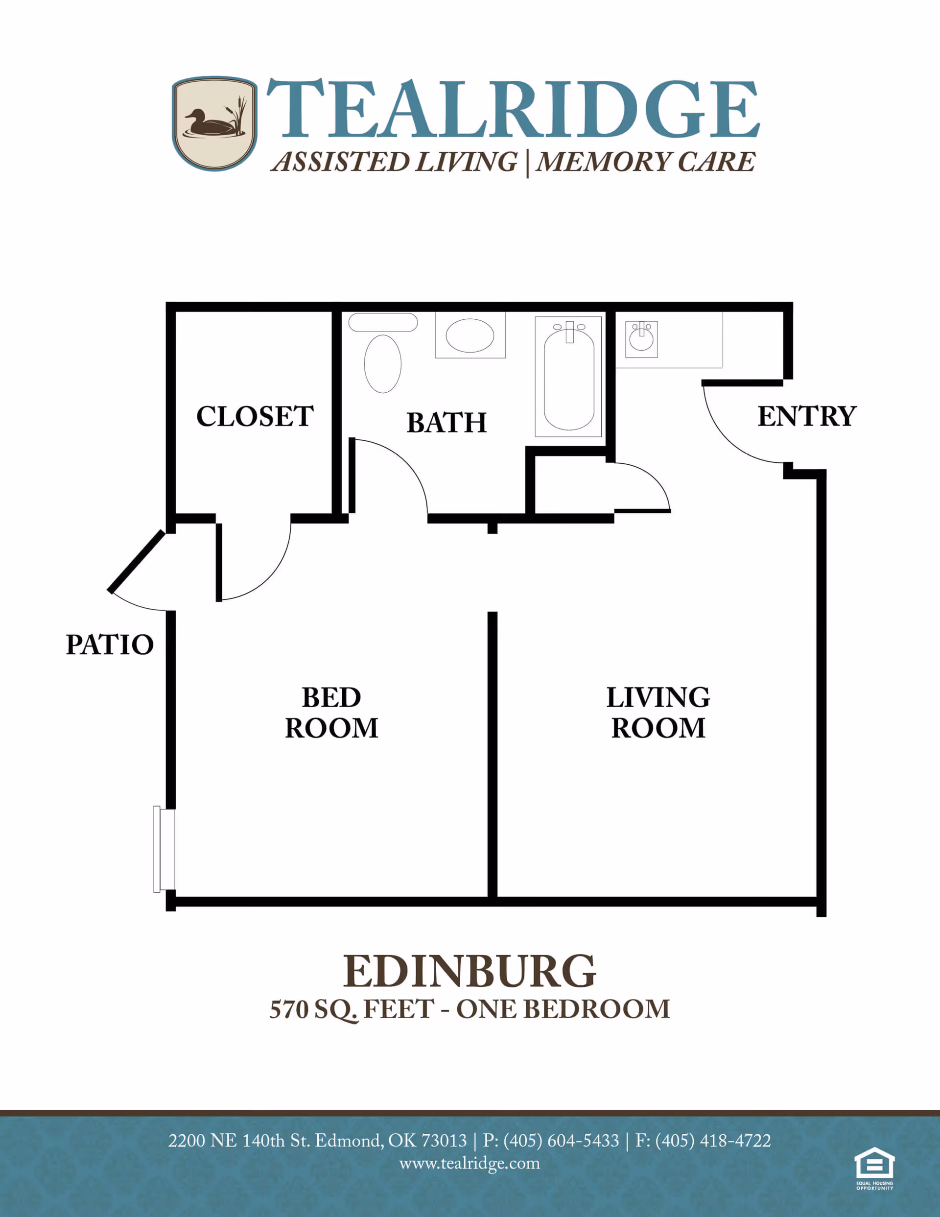 Floor plan of a one-bedroom assisted living apartment named Edinburg at Tealridge Assisted Living and Memory Care, showing a bedroom, living room, bathroom, closet, entry, and patio. The total area is 570 square feet.
