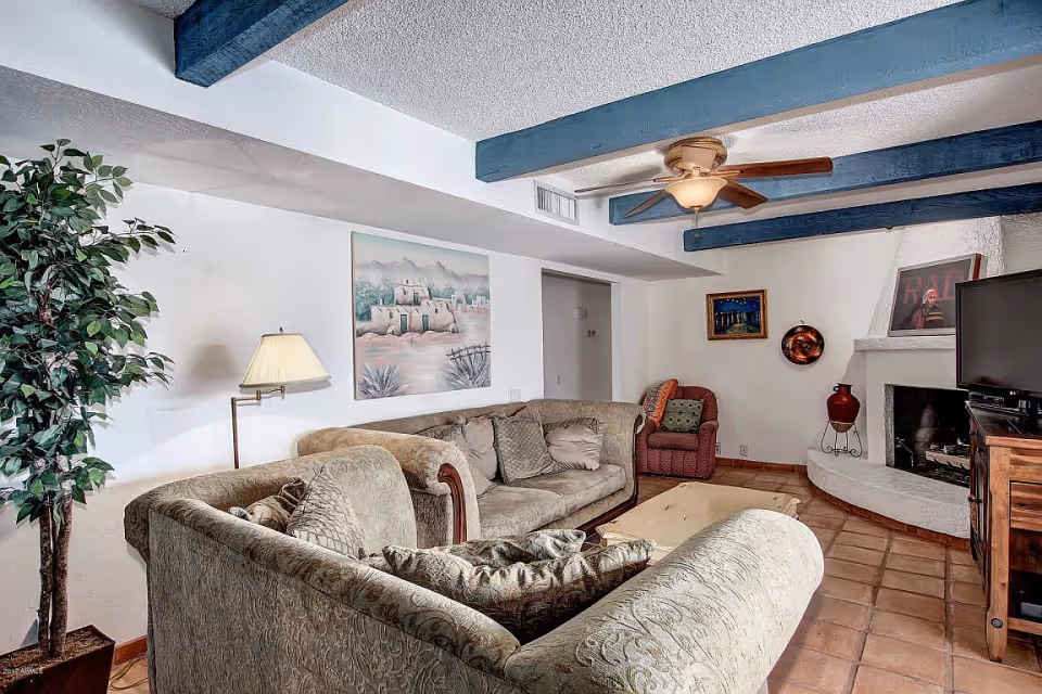 Living room with patterned sofas and cushions, blue ceiling beams, a fireplace, TV, and a potted plant.