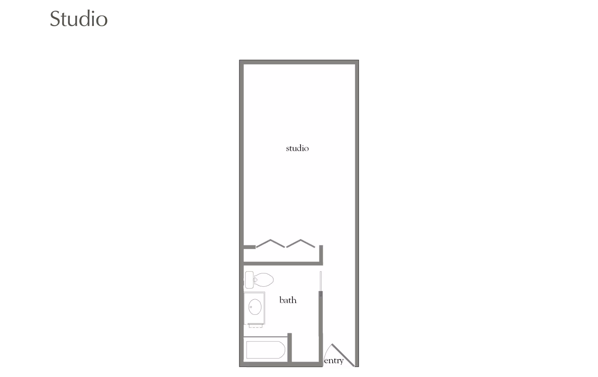 Floor plan of a studio apartment showing an entry area, a combined studio living space, and a bathroom with a bathtub, toilet, and sink.