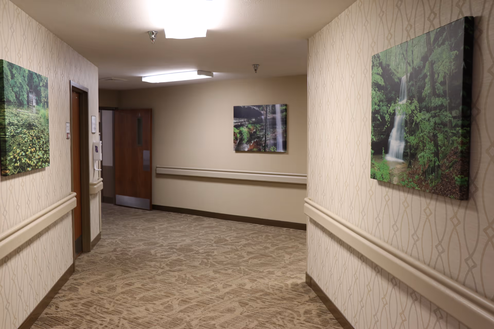 A well-lit hallway in Parkview Health Care Facility with patterned wallpaper and carpet. The walls are adorned with framed nature photographs depicting greenery and waterfalls. There are handrails along both sides of the hallway and a wooden door at the end.