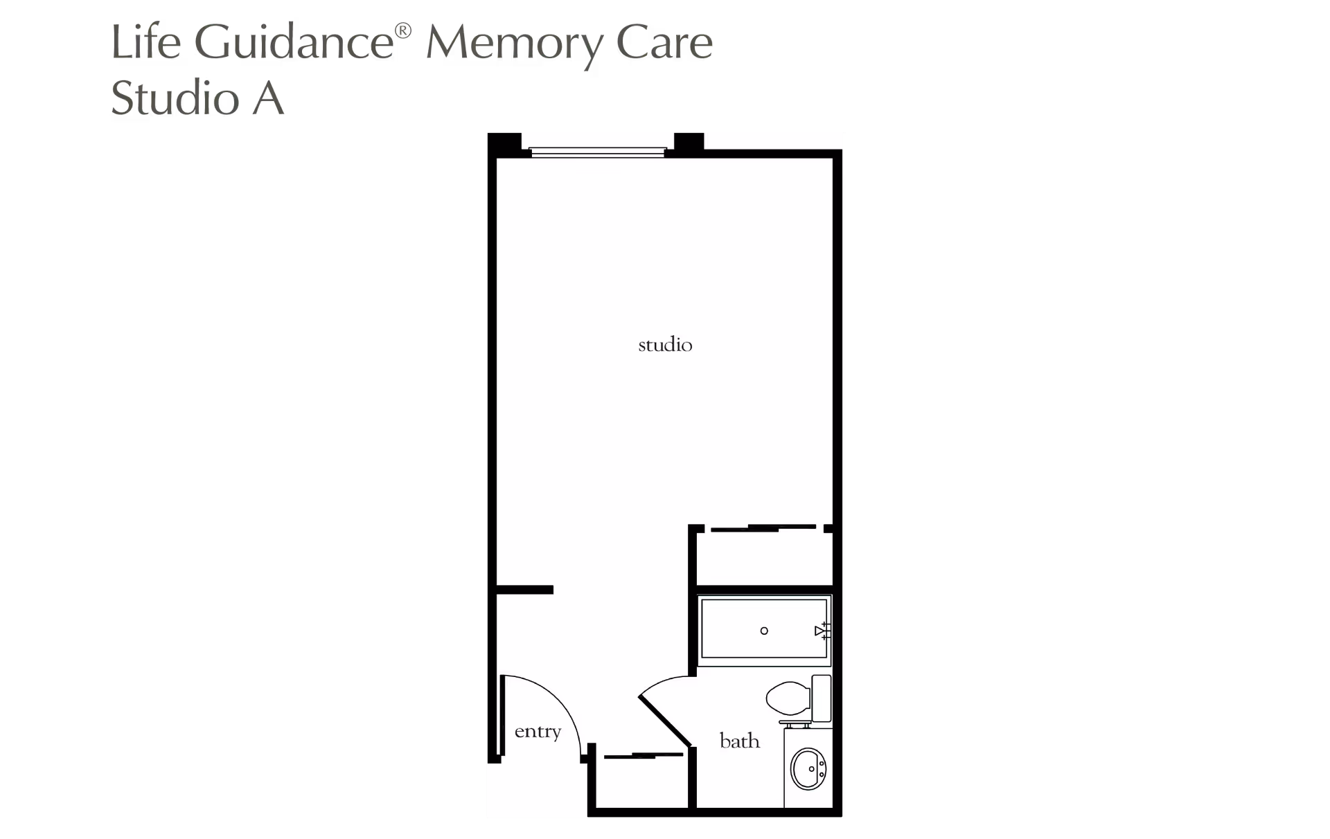 Floor plan layout labeled Life Guidance Memory Care Studio A showing an entry area leading into a studio space with a separate bathroom that includes a bathtub, toilet, and sink.