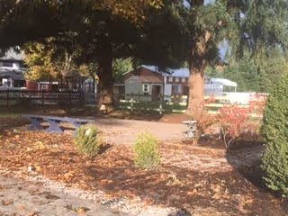 Outdoor garden area with a dirt pathway, small bushes, and trees. In the background, there are residential-style buildings and a wooden fence.