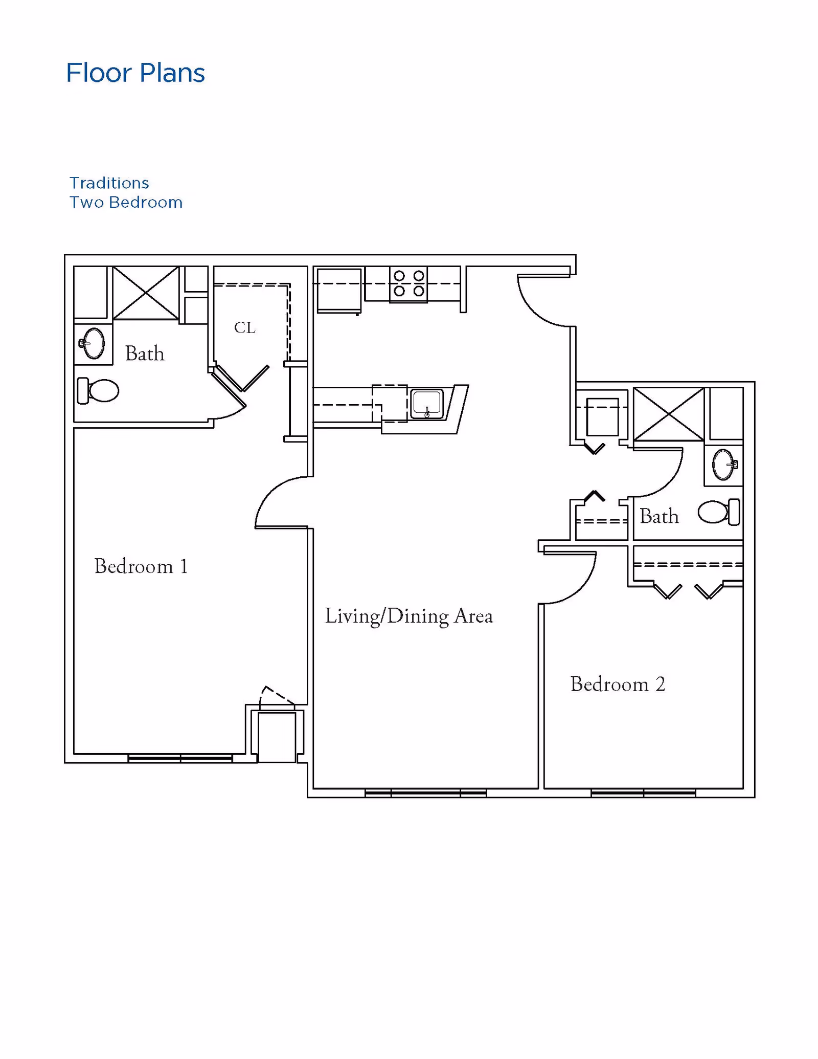 Floor plan layout of a two-bedroom apartment named Traditions, showing Bedroom 1 with an attached bath and closet, Bedroom 2 with an attached bath and closet, and a combined living and dining area adjacent to a kitchen.