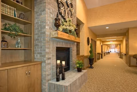 Carpeted interior hallway with a brick fireplace mantel, built-in shelving and decorative plants leading to a long corridor.