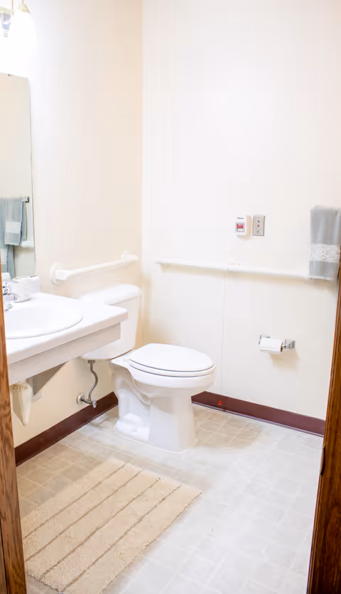 A clean and accessible bathroom with a white toilet, a white sink with a countertop, a large mirror, grab bars on the walls, a beige striped bath mat on the floor, and a gray towel hanging on a rail.