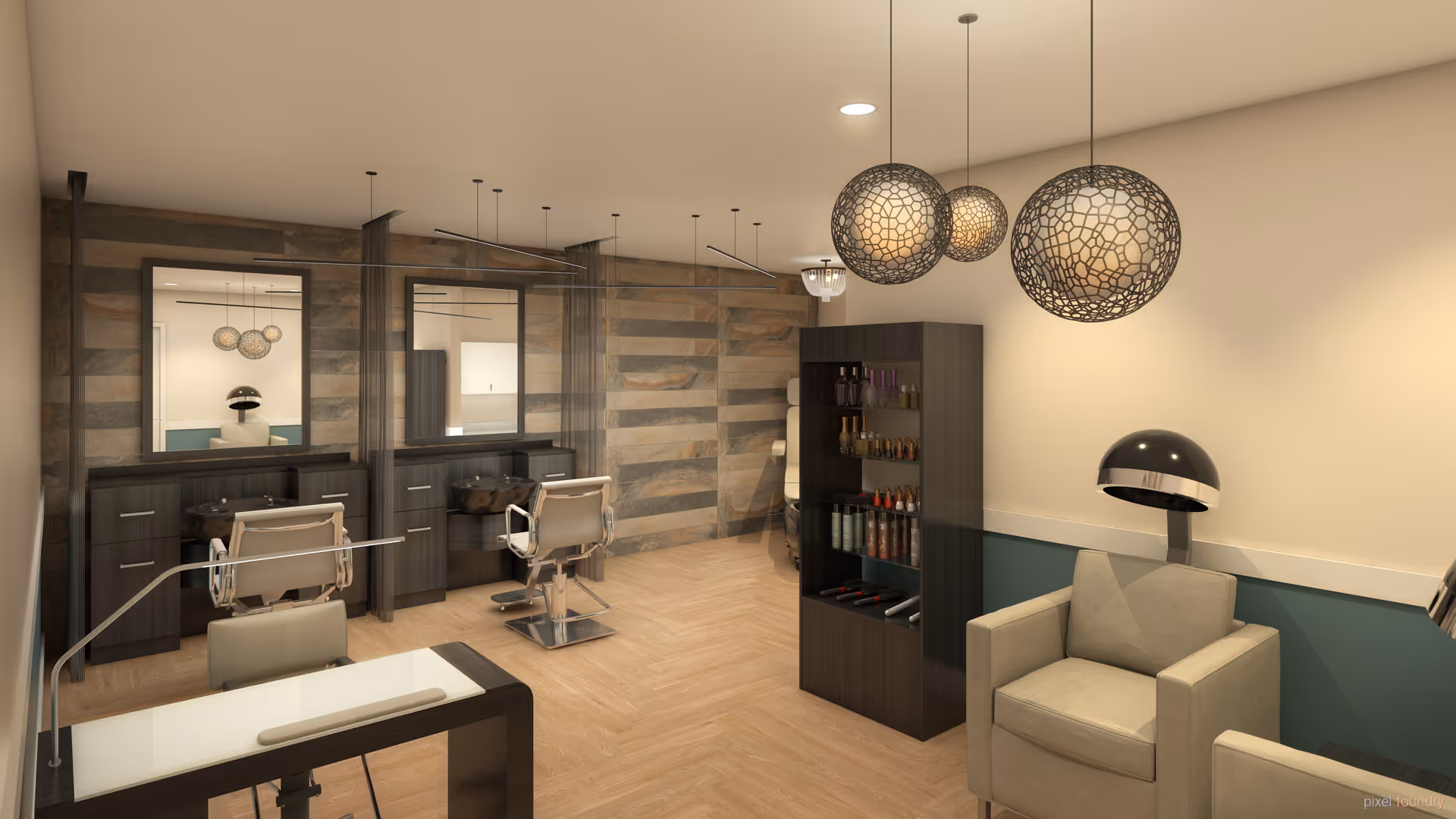 Interior view of a modern salon area in a senior living facility featuring two styling stations with mirrors and chairs, a shelving unit stocked with hair care products, a comfortable armchair with a vintage hair dryer hood, and decorative hanging pendant lights.