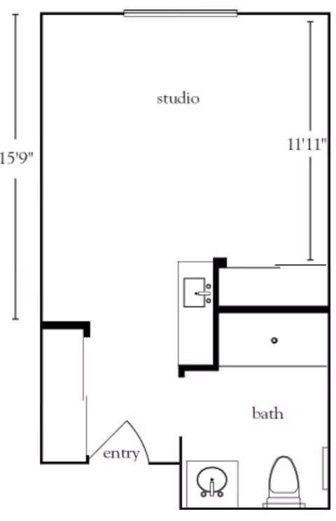 Floor plan of a studio apartment at Gardens at Escondido showing an entry area, a combined studio living space measuring 15 feet 9 inches by 11 feet 11 inches, and a bathroom with a sink and toilet.