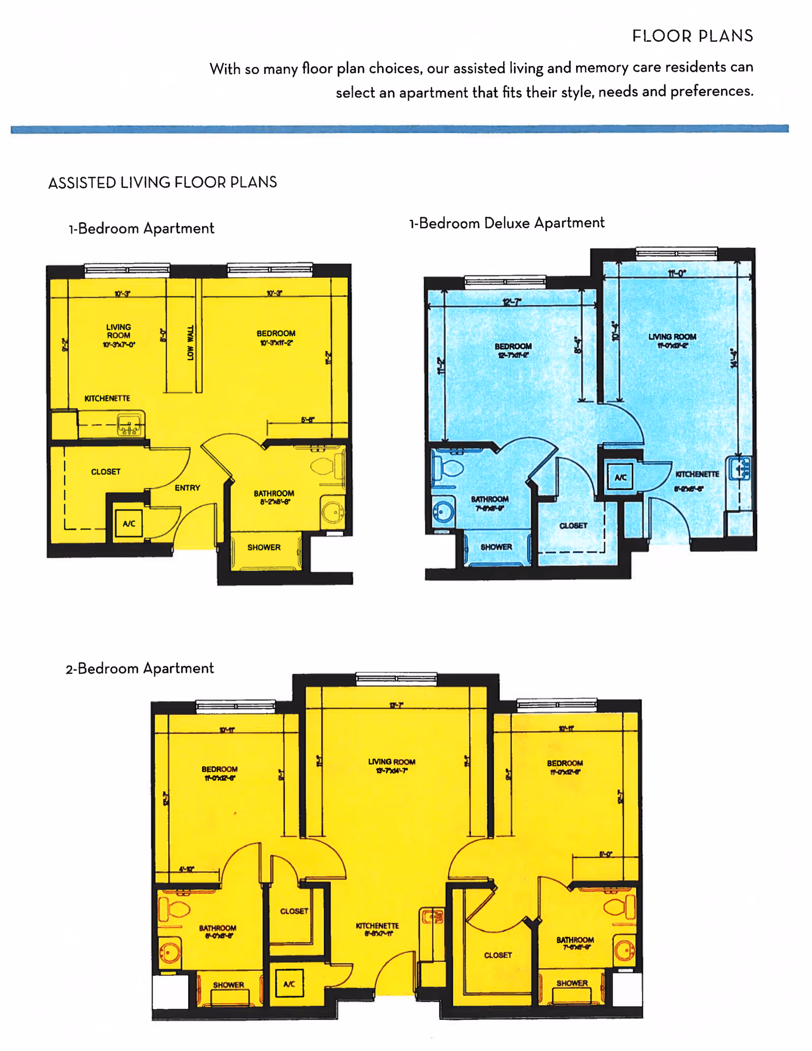 Floor plans for assisted living apartments at The Preserve at Dunedin, showing layouts for a 1-bedroom apartment, a 1-bedroom deluxe apartment, and a 2-bedroom apartment. Each plan includes labeled rooms such as living room, bedroom, kitchenette, bathroom with shower, closet, and A/C. The 1-bedroom deluxe apartment is highlighted in blue, while the other two are highlighted in yellow.