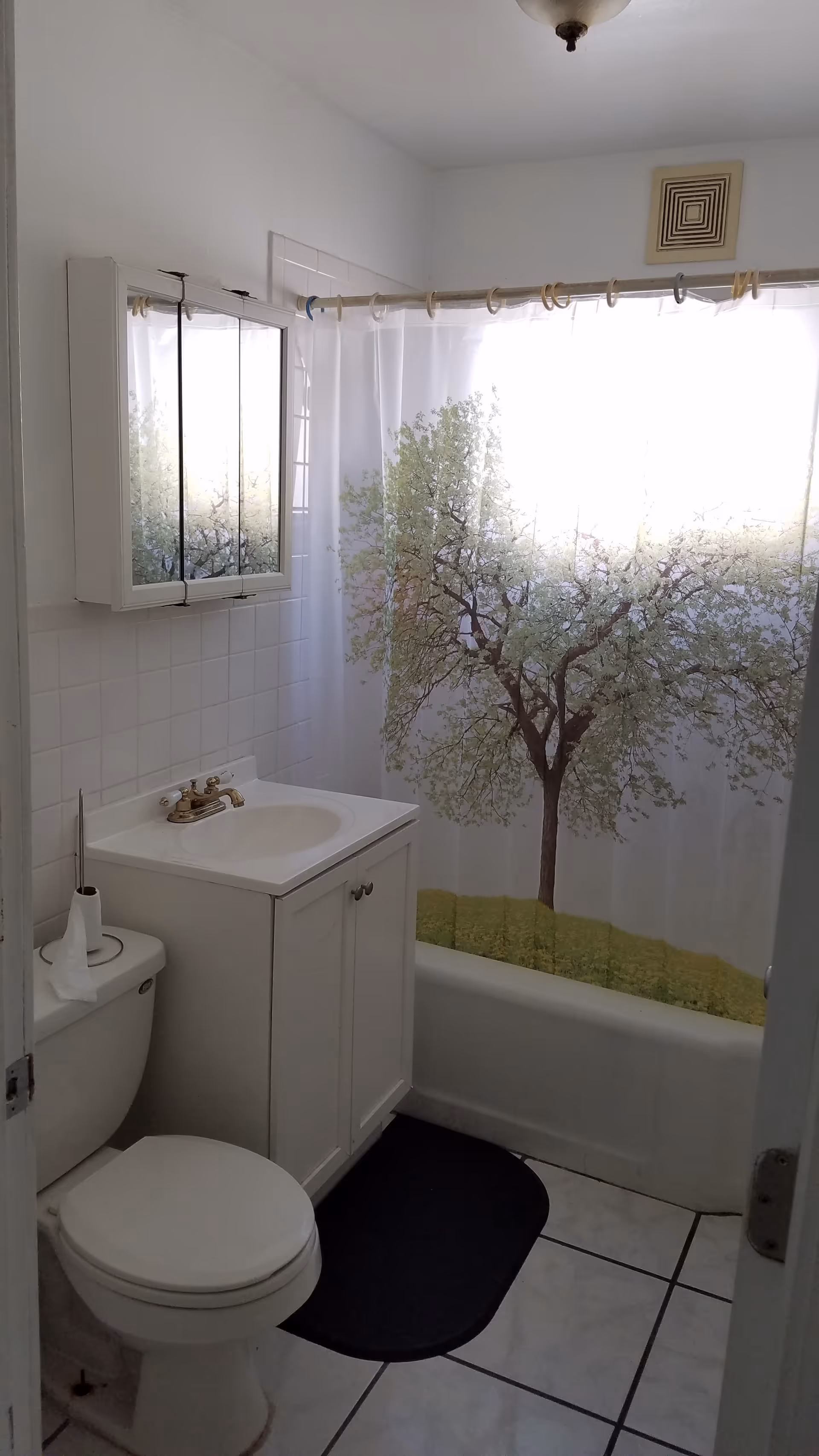 Small white bathroom with a toilet, sink vanity and mirrored cabinet, and a bathtub with a tree-printed shower curtain.