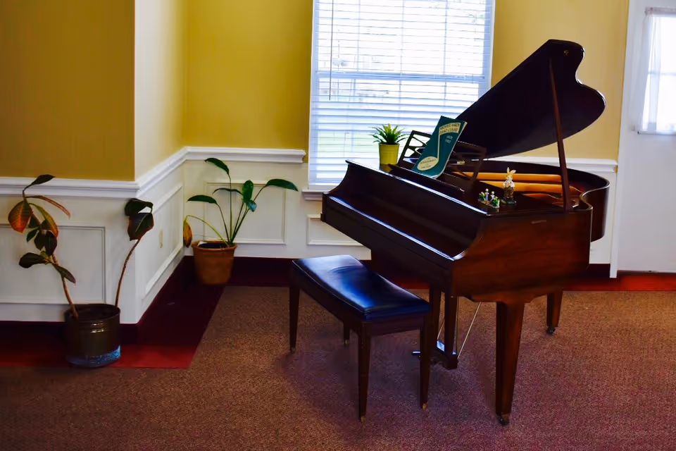 A wooden grand piano with its lid open and a matching bench in a room with yellow walls and white wainscoting. There are two potted plants on the floor near the corner and a window with blinds behind the piano. A small decorative item and a music book are placed on the piano.
