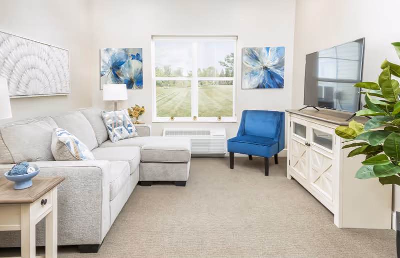 Bright living room with a gray sectional sofa, blue accent chair, television on a white console, and a window overlooking a grassy lawn.