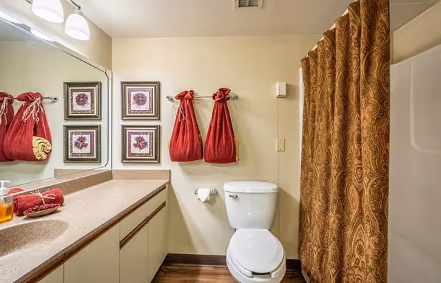 Well-lit bathroom with a long vanity and sink on the left, a toilet in the center, and a shower with a patterned curtain on the right.