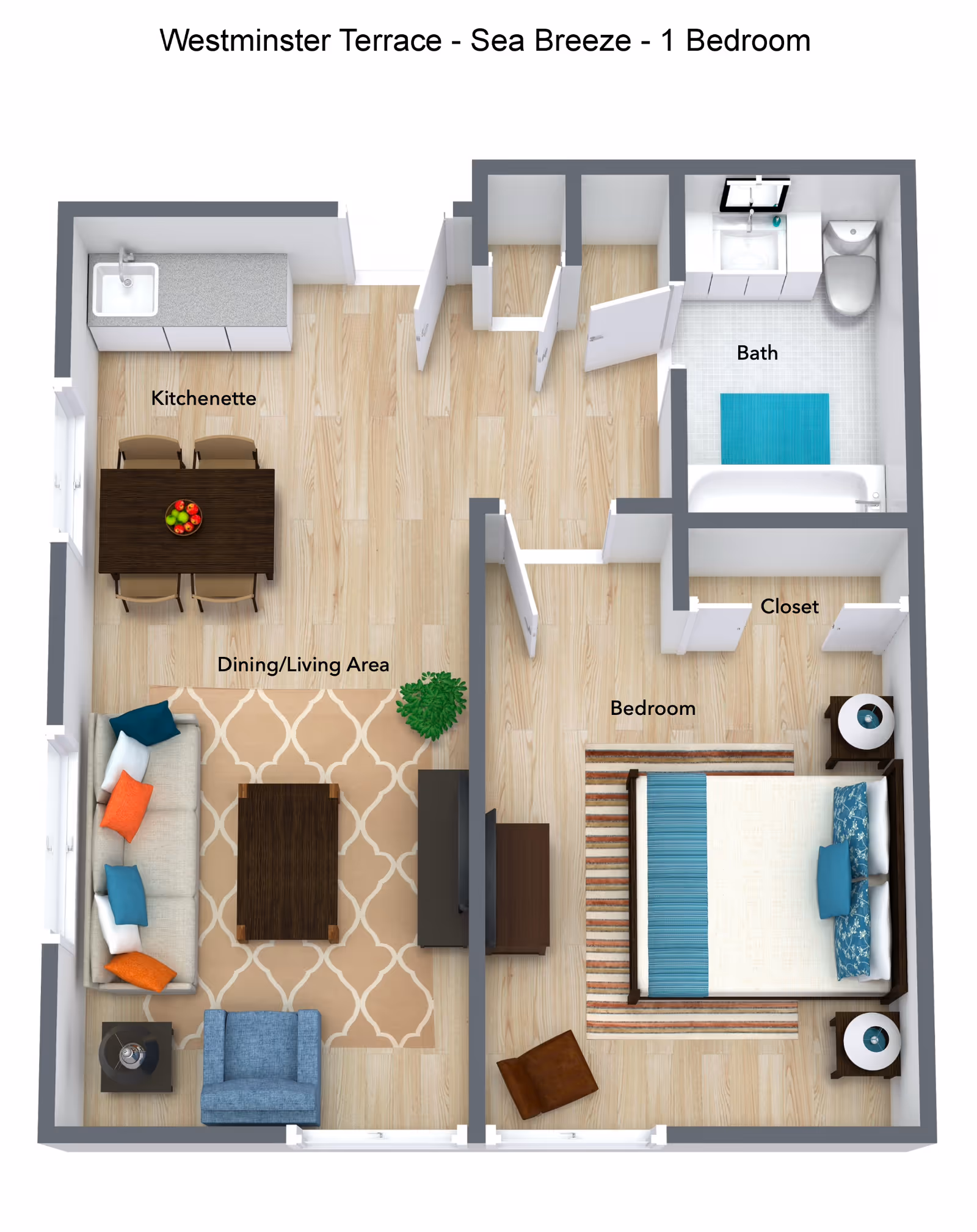 Top-down floor plan of a one-bedroom apartment showing a kitchenette, dining/living area, bedroom, closet and bathroom.