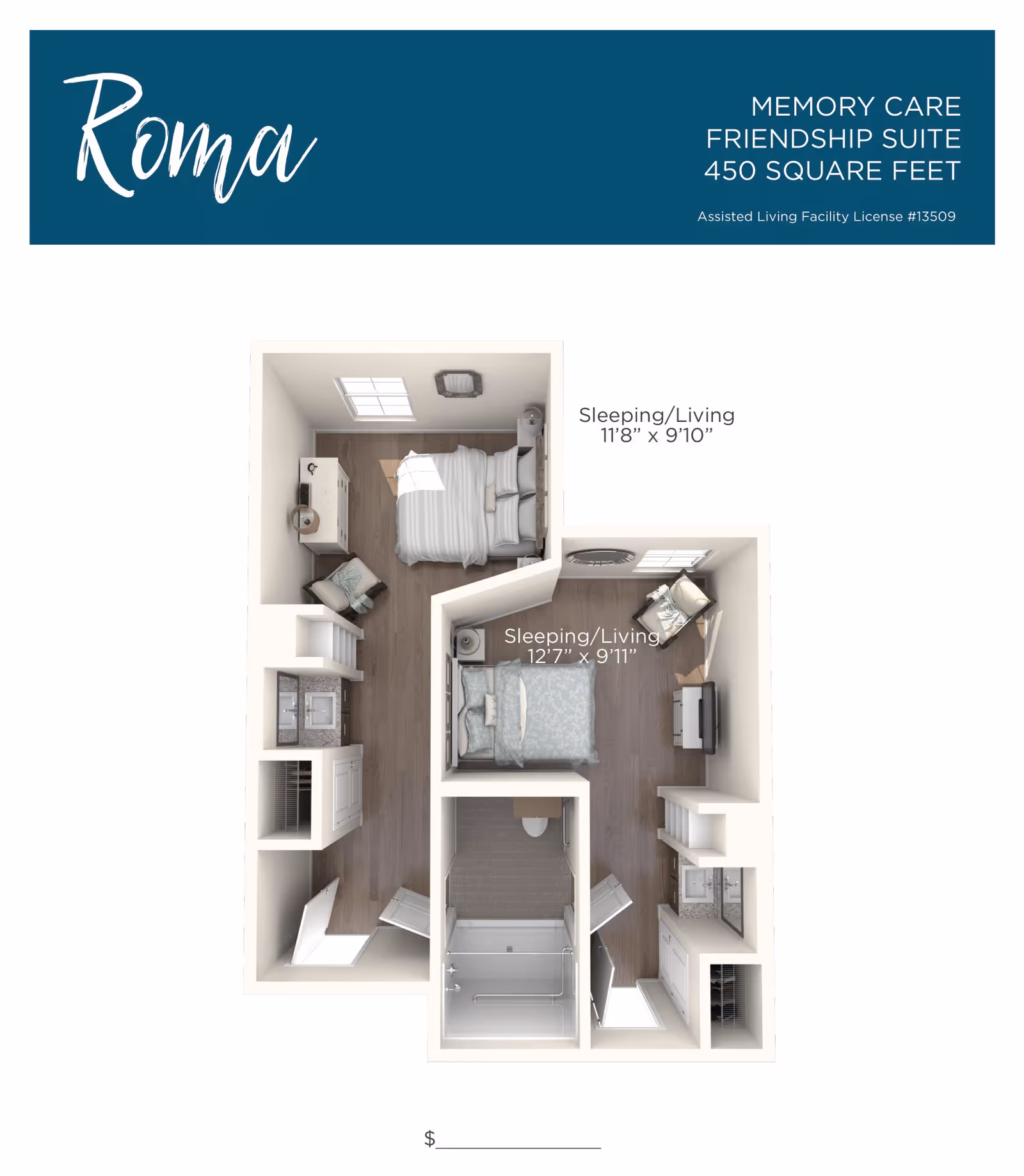 3D floor plan of the Roma Memory Care Friendship Suite at Tuscan Gardens of Delray Beach, showing two sleeping/living areas with beds, chairs, and dressers, a bathroom with a shower, and small kitchen areas. The suite measures 450 square feet.