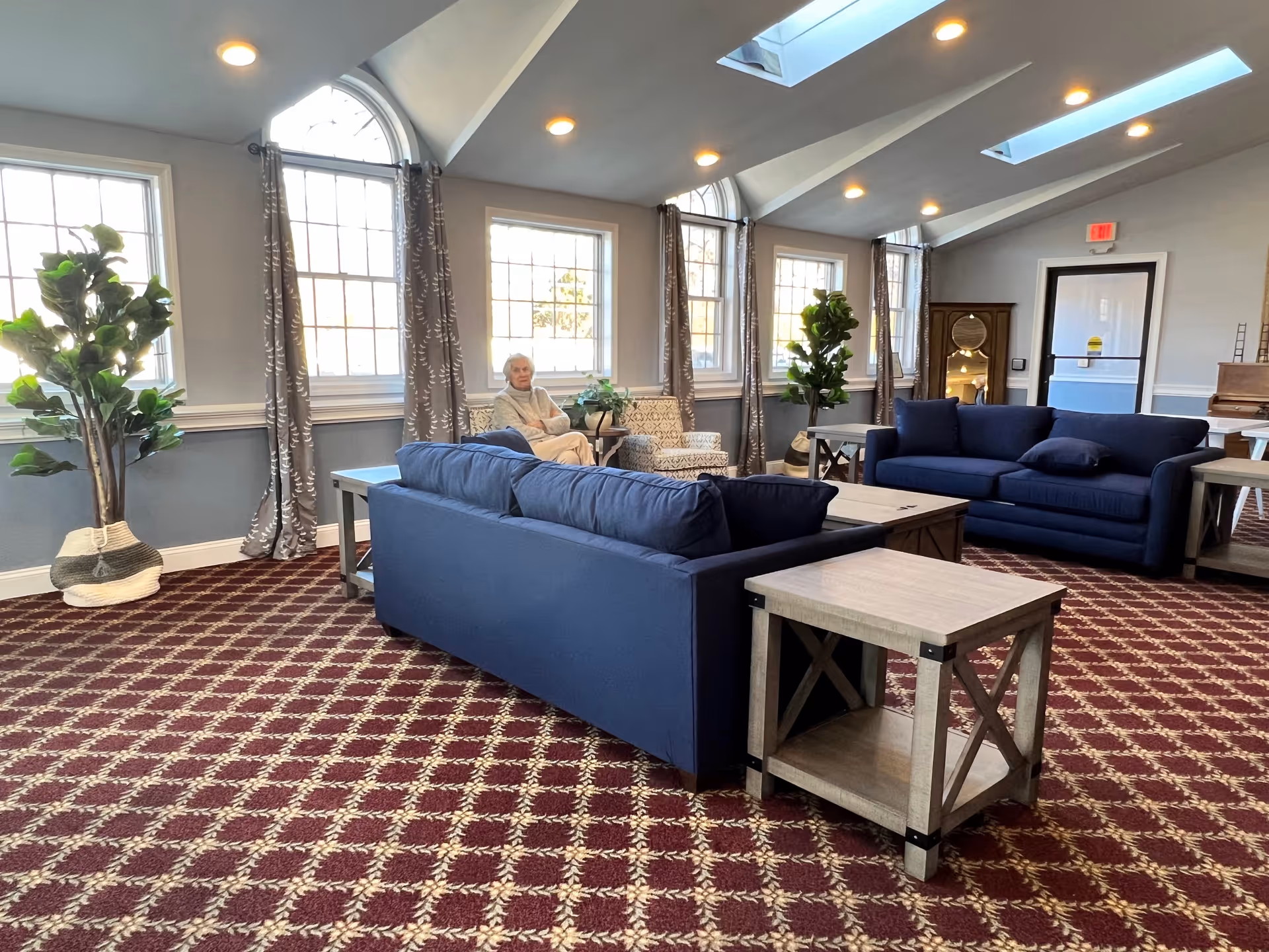 A spacious living room area with patterned carpet, two blue sofas, two patterned armchairs, wooden side tables, and large windows with curtains. There are two large potted plants and ceiling lights. An elderly woman is sitting on one of the armchairs near the windows.