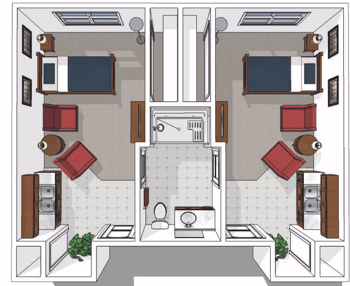 Top-down floor plan of a senior living unit featuring two separate bedrooms, each with a bed, two red chairs, a nightstand with a lamp, and a small kitchenette with a sink and cabinets. The bedrooms are separated by a shared bathroom in the center, which includes a toilet, sink, and shower. There are windows in each bedroom and plants near the kitchenette areas.
