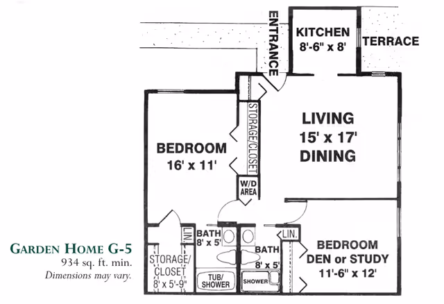 Floor plan of Garden Home G-5 at Meadowood showing a layout with two bedrooms, two bathrooms, a kitchen, living and dining area, storage closets, and a terrace. The larger bedroom measures 16 by 11 feet and includes a storage closet. The second bedroom or den/study measures 11 feet 6 inches by 12 feet. The living and dining area is 15 by 17 feet. The kitchen is 8 feet 6 inches by 8 feet. Bathrooms include a tub/shower and a separate shower. The total area is approximately 934 square feet.